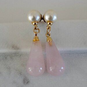 Rose Quartz Teardrop Earrings with Faux Pearl Studs